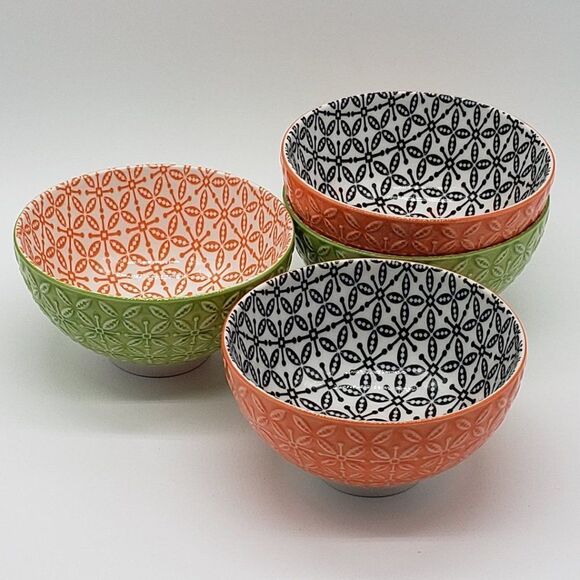 Now Designs Stamped Green/Orange and Orange/Black Porcelain 4pc Rice Bowl Set - Picture 11 of 13